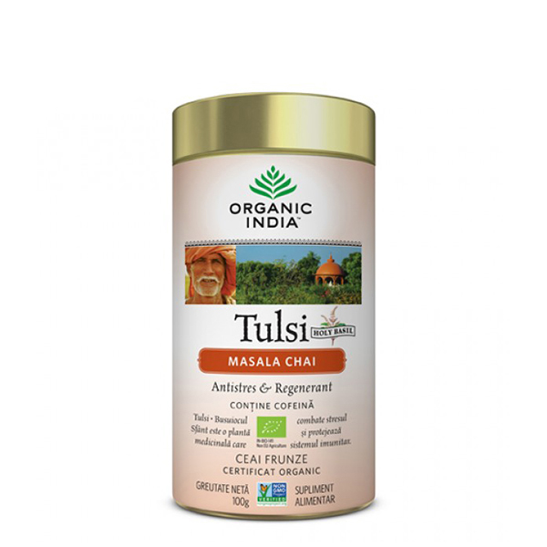Ceai Tulsi (Busuioc Sfant) Masala Chai (fara gluten) BIO Organic India – 100 g driedfruits.ro/ Ceaiuri & Creme medicinale